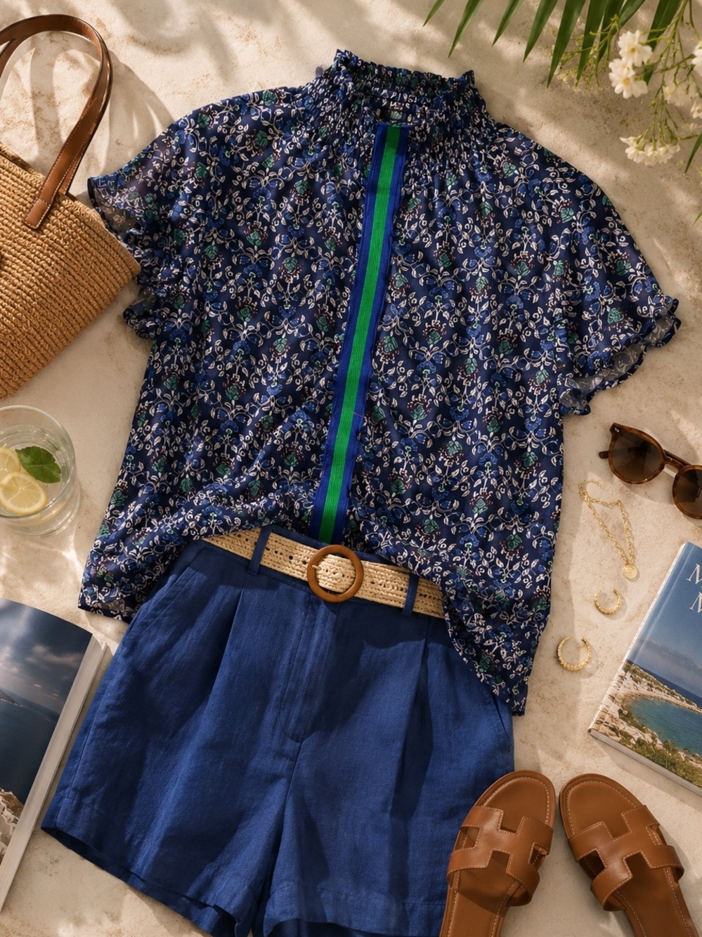 Women’s Navy Blue Floral Top w/ Vibrant Green Front Stripe Small